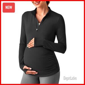 Maternity Long-Sleeve Zip-Neck Top in Black